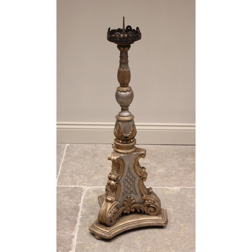 636 - A giltwood and gesso Baroque style pricket candlestick, late 19th/early 20th century, of lobed acant... 