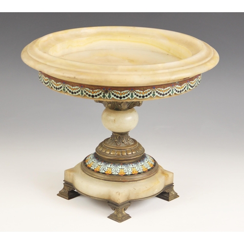 650 - A 19th century continental onyx and enamel brass mounted tazza, of circular form with ogee rim, rais... 