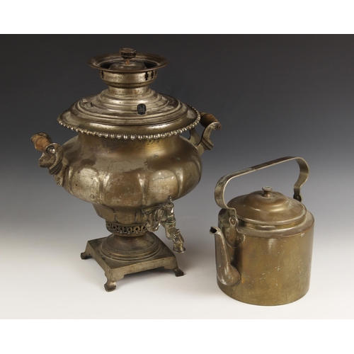 652 - A Russian 19th century brass samovar, of typical baluster form with gadrooned borders, raised on squ... 