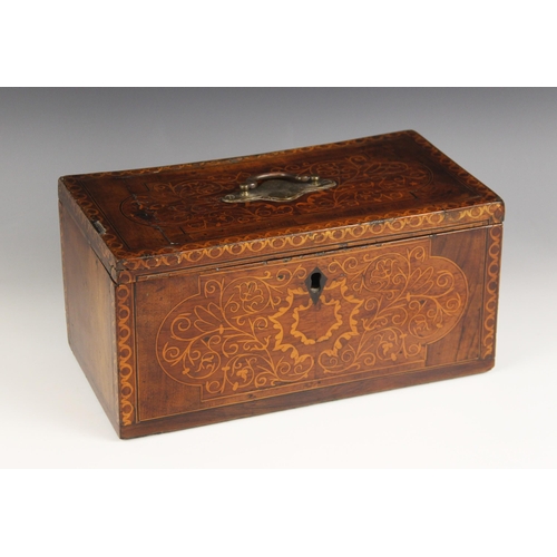 666 - An early 18th century and later walnut and marquetry table top box, or rectangular form, the hinged ... 