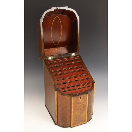 669 - A George III mahogany and satinwood cross banded knife or cutlery box, of typical bow front form, th... 