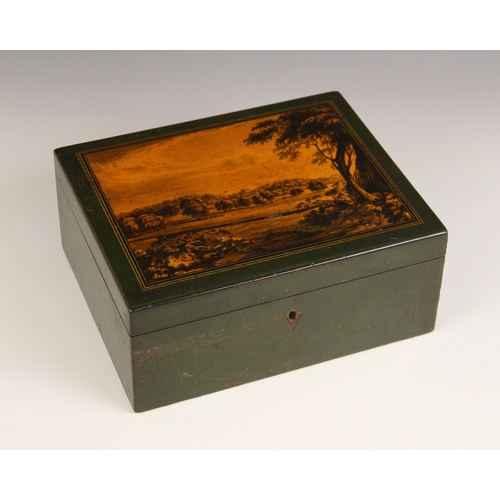 670 - A Mauchline ware rectangular box, late 19th century, the hinged cover depicting an extensive landsca... 