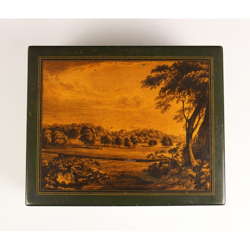 670 - A Mauchline ware rectangular box, late 19th century, the hinged cover depicting an extensive landsca... 