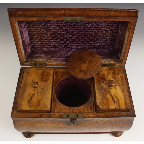 671 - A pollard oak sarcophagus shaped tea caddy, mid 19th century, the velvet lined hinged cover enclosin... 