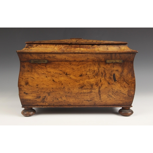 671 - A pollard oak sarcophagus shaped tea caddy, mid 19th century, the velvet lined hinged cover enclosin... 