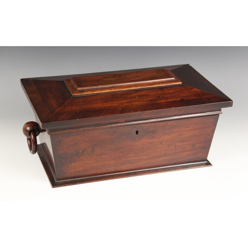 672 - A William IV mahogany sarcophagus shaped tea caddy, the hinged cover opening to reveal two cannister... 