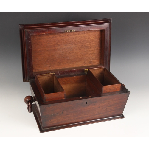 672 - A William IV mahogany sarcophagus shaped tea caddy, the hinged cover opening to reveal two cannister... 