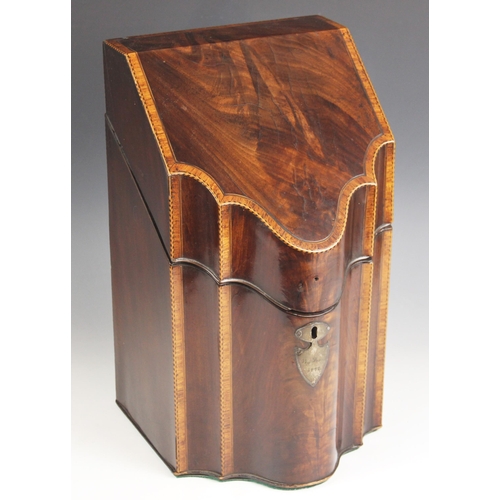 674 - A George III figured mahogany and satinwood crossbanded knife box, signed 'By Foster 1777', of typic... 