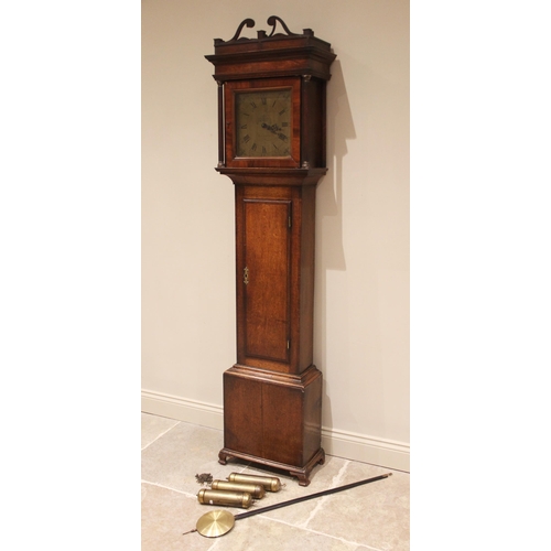 683 - A George III and later oak cased longcase clock, the flat top hood with fretwork pediment over two f... 