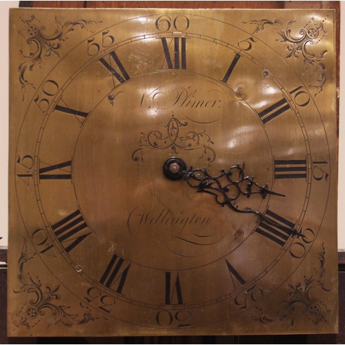 683 - A George III and later oak cased longcase clock, the flat top hood with fretwork pediment over two f... 