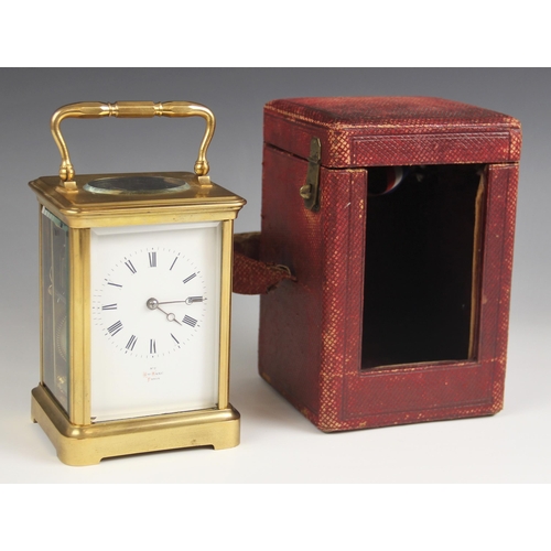 688 - A brass cased carriage clock, by Henry Marc Paris, late 19th/early 20th century, the bevelled glass ... 