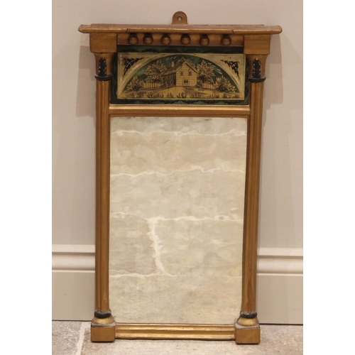 698 - A Regency pier mirror, the rectangular mirror plate below a verre eglomise style cottage frieze flan... 