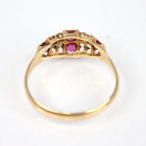 70 - A Victorian ruby and diamond 18ct gold ring, the lozenge shaped head set with two mixed cut rubies, ... 