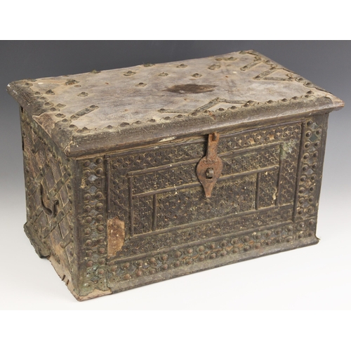 721 - A rosewood and studded Zanzibar chest, 18th century, applied with lattice metal work to the top and ... 