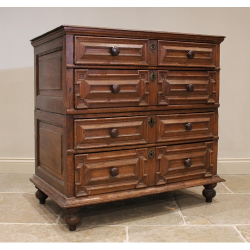 726 - An oak straight front two section chest of drawers, late 17th century, the twin plank moulded top ab... 