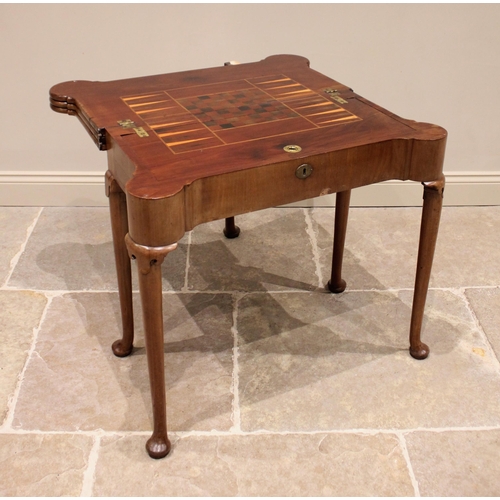 733 - A George II mahogany triple fold over combination games and card table, the rectangular folding top ... 