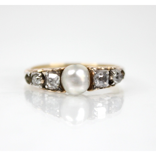 74 - A Victorian and later pearl and diamond ring, the central pearl measuring 5.7mm x 5.5mm, with two ol... 