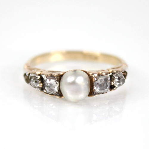 74 - A Victorian and later pearl and diamond ring, the central pearl measuring 5.7mm x 5.5mm, with two ol... 