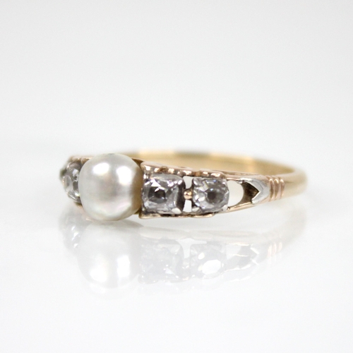 74 - A Victorian and later pearl and diamond ring, the central pearl measuring 5.7mm x 5.5mm, with two ol... 