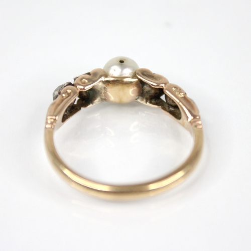 74 - A Victorian and later pearl and diamond ring, the central pearl measuring 5.7mm x 5.5mm, with two ol... 