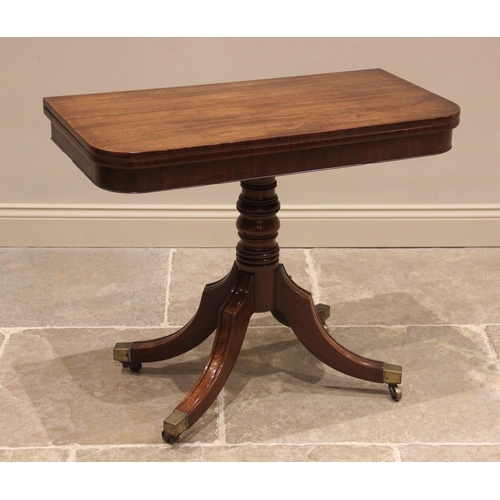 759 - A George IV mahogany pedestal tea table, the hinged and rounded rectangular top raised upon a ring t... 