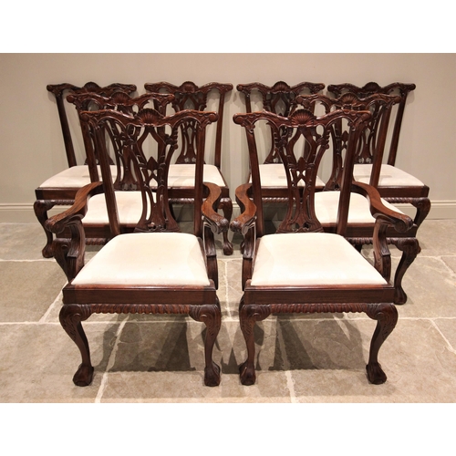 803 - A set of eight mahogany Chippendale style dining chairs, late 20th century, each chair with a shell ... 