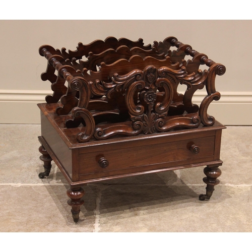 812 - A rosewood canterbury, 19th century, the four carved scrolling openwork divisions, united by baluste... 