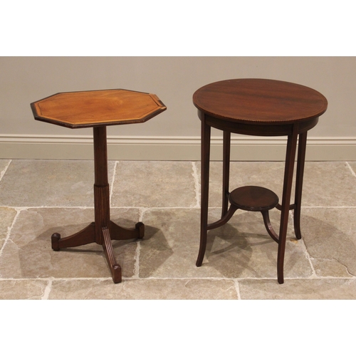 814 - An Edwardian mahogany and inlaid occasional table, the circular top with chequered rim raised upon t... 