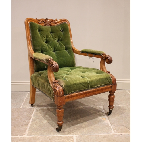 824 - A Victorian satin birch/birds eye maple and upholstered open armchair, the top rail centred with a c... 