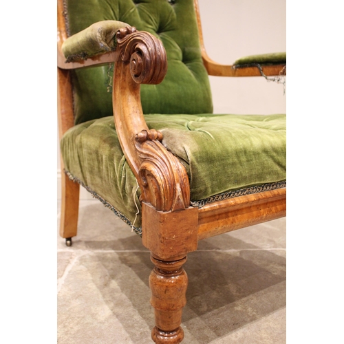 824 - A Victorian satin birch/birds eye maple and upholstered open armchair, the top rail centred with a c... 