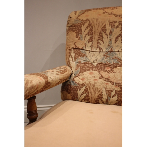 826 - A pair of Victorian lounge armchairs in the manner of Howard & Sons, partially covered in Liberty-es... 