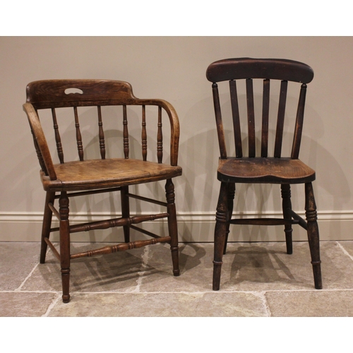 835 - A 19th century oak and ash captain's chair, with spindle back below a top rail with hand aperture, r... 