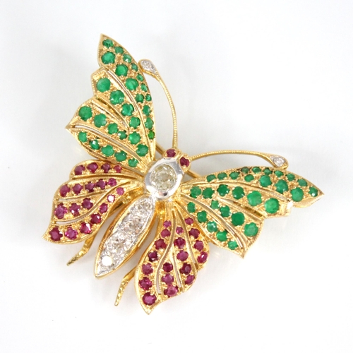 85 - A diamond, ruby and emerald set butterfly brooch, the body set with five old cut diamonds, with ruby... 