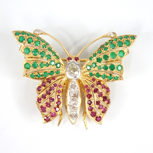 85 - A diamond, ruby and emerald set butterfly brooch, the body set with five old cut diamonds, with ruby... 