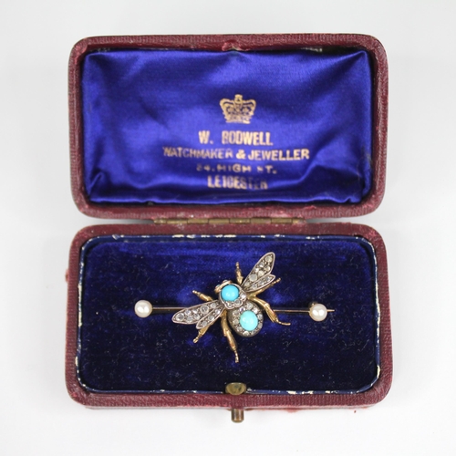 86 - A Victorian diamond, turquoise, opal and pearl bee brooch, the abdomen set with a turquoise cabochon... 