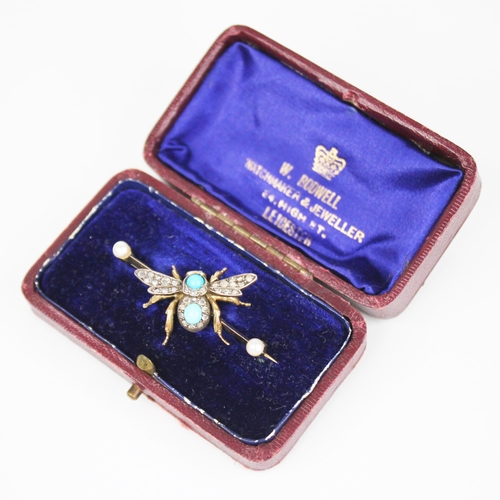 86 - A Victorian diamond, turquoise, opal and pearl bee brooch, the abdomen set with a turquoise cabochon... 