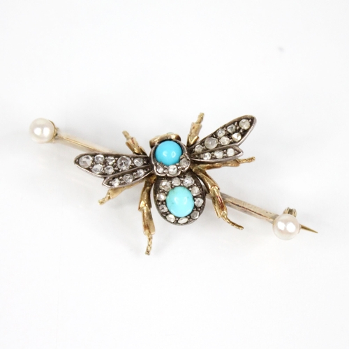 86 - A Victorian diamond, turquoise, opal and pearl bee brooch, the abdomen set with a turquoise cabochon... 