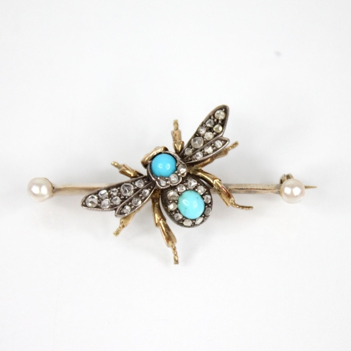 86 - A Victorian diamond, turquoise, opal and pearl bee brooch, the abdomen set with a turquoise cabochon... 