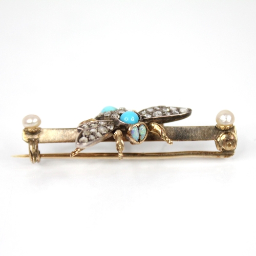 86 - A Victorian diamond, turquoise, opal and pearl bee brooch, the abdomen set with a turquoise cabochon... 