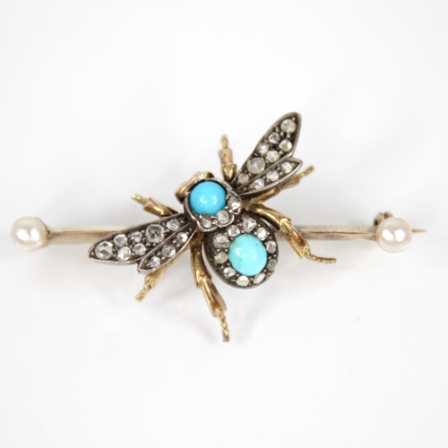 86 - A Victorian diamond, turquoise, opal and pearl bee brooch, the abdomen set with a turquoise cabochon... 