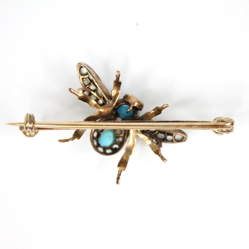 86 - A Victorian diamond, turquoise, opal and pearl bee brooch, the abdomen set with a turquoise cabochon... 