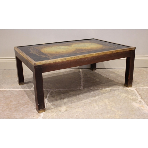 872 - A 20th century oak terrestrial map top coffee table, the verre eglomise glass top, brass bound and r... 