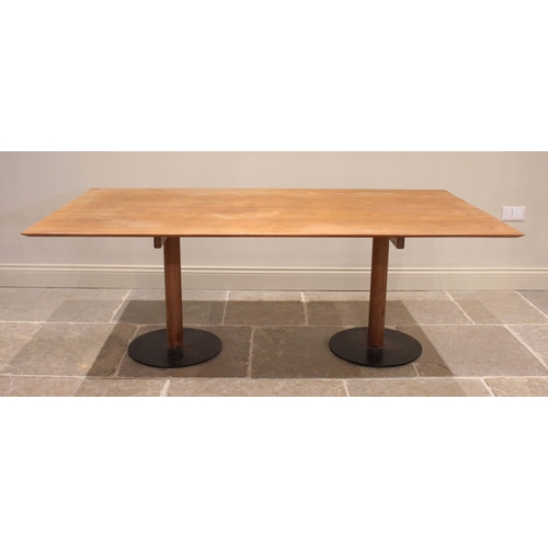 876 - A mid 20th century teak twin pedestal dining table, probably Italian, the rectangular top with appli... 