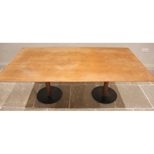 876 - A mid 20th century teak twin pedestal dining table, probably Italian, the rectangular top with appli... 