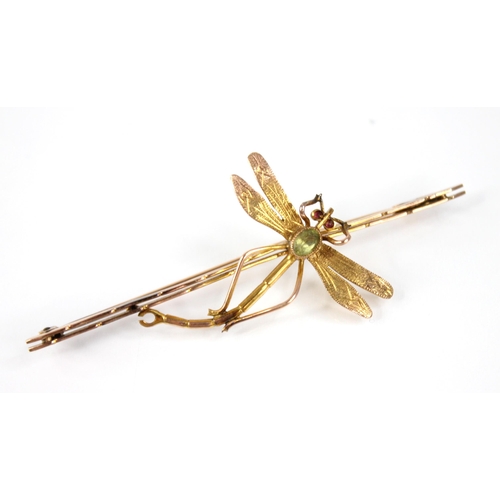 88 - An early 20th century peridot and ruby set dragonfly brooch, the thorax set with an oval mixed cut p... 