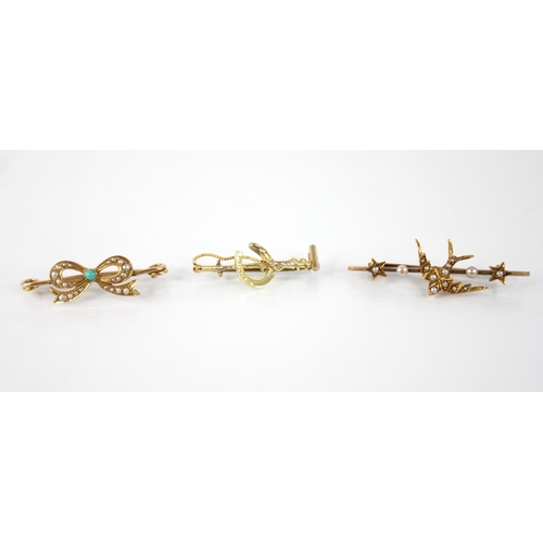 95 - A Victorian pearl set swallow brooch, the central swallow with half-pearls set to body, with further... 