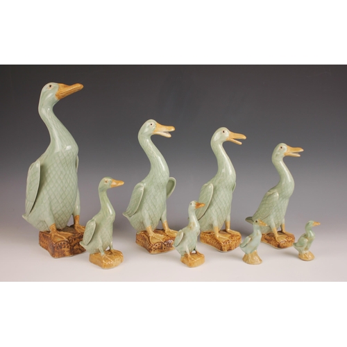 417 - A set of eight Chinese porcelain celadon glazed ducks, 20th century, each of graduated size, largest... 