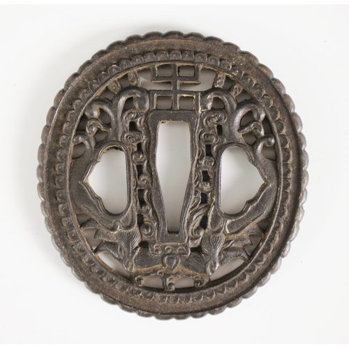 426 - A Japanese Tsuba, Edo Period (1603-1868), Kiku-Gata, with cloud shaped kozuka hitsu-ana and kagai hi... 