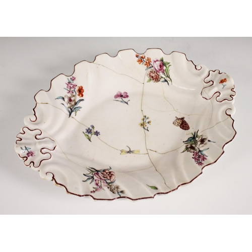 471 - A Chelsea porcelain silver shape dish, circa 1755, painted with scattered floral sprays, moths and i... 