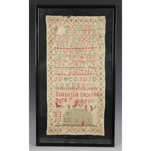 605 - A band sampler 19th century, by Isabella Dickson, aged 7 years, worked with red, green and brown thr... 